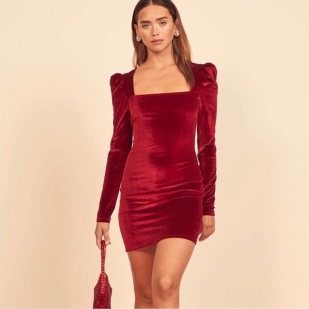 Reformation Burgundy Long Sleeve Dress Velour Faux Suede Dress Dip Neck Size M